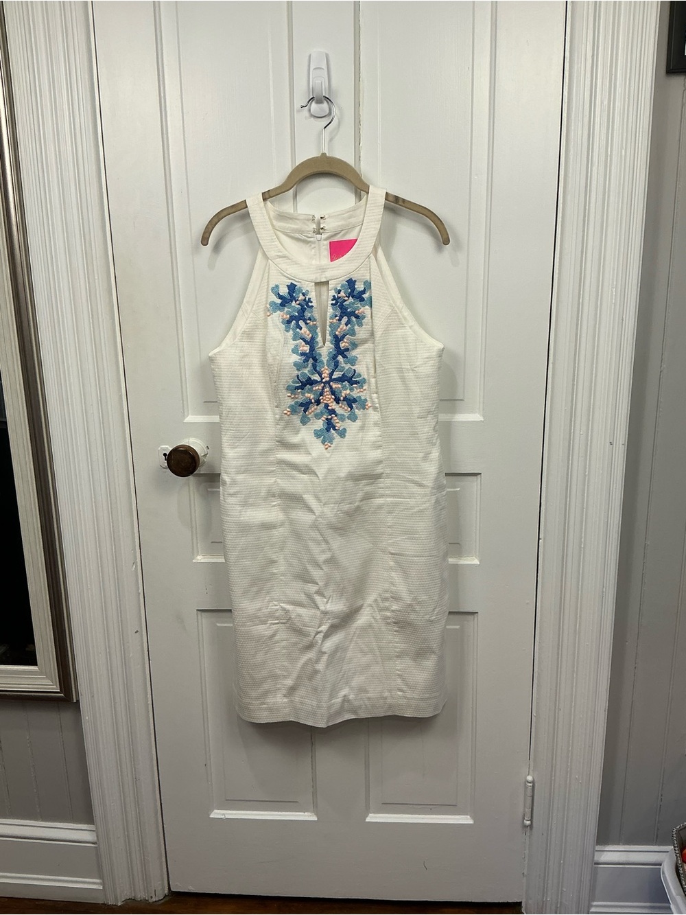Lilly Pulitzer White Halter Mini Dress with Blue Embroidery